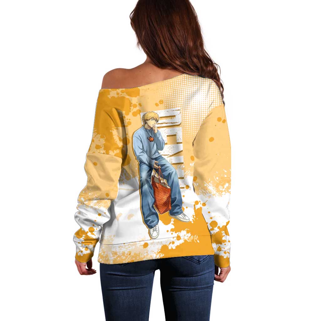Denji Chainsaw Man Urban Drip Off Shoulder Sweater Streetwear Anime Vibes in Orange Tones