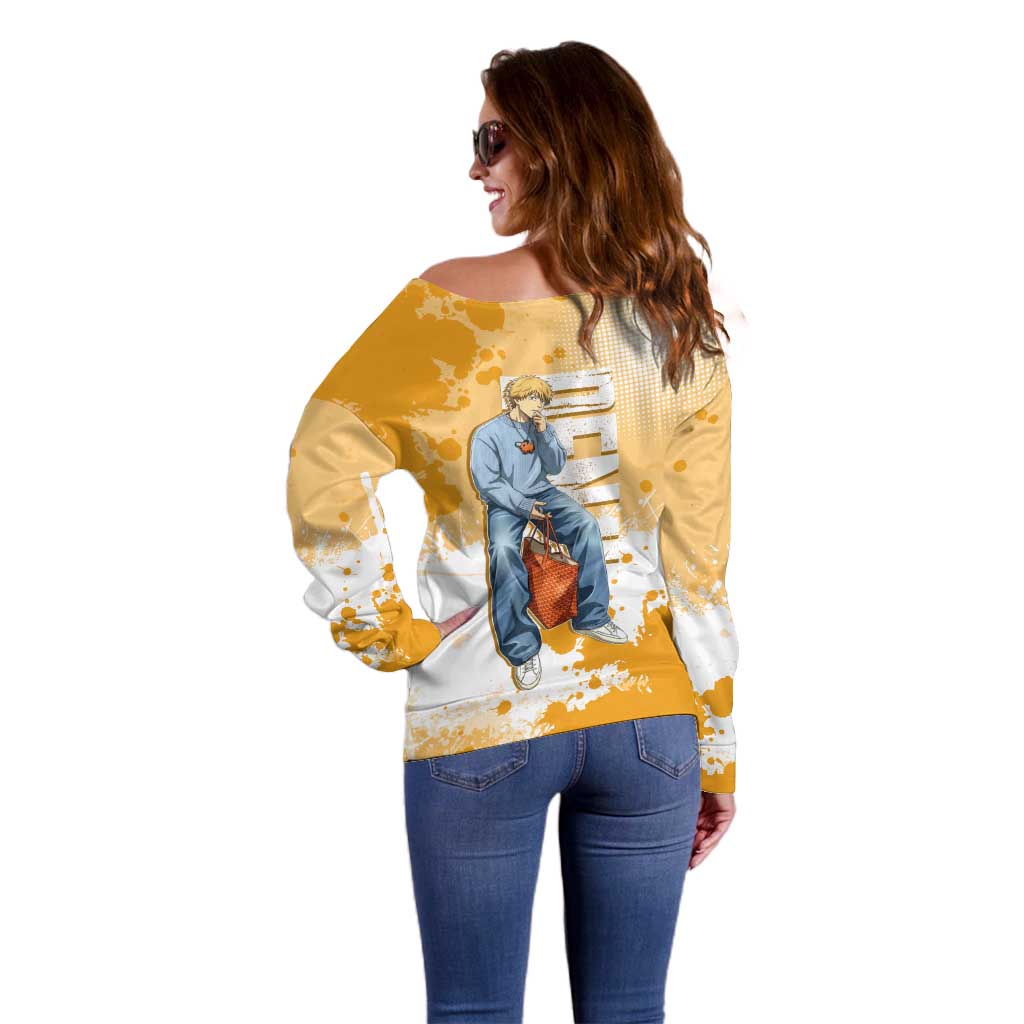 Denji Chainsaw Man Urban Drip Off Shoulder Sweater Streetwear Anime Vibes in Orange Tones