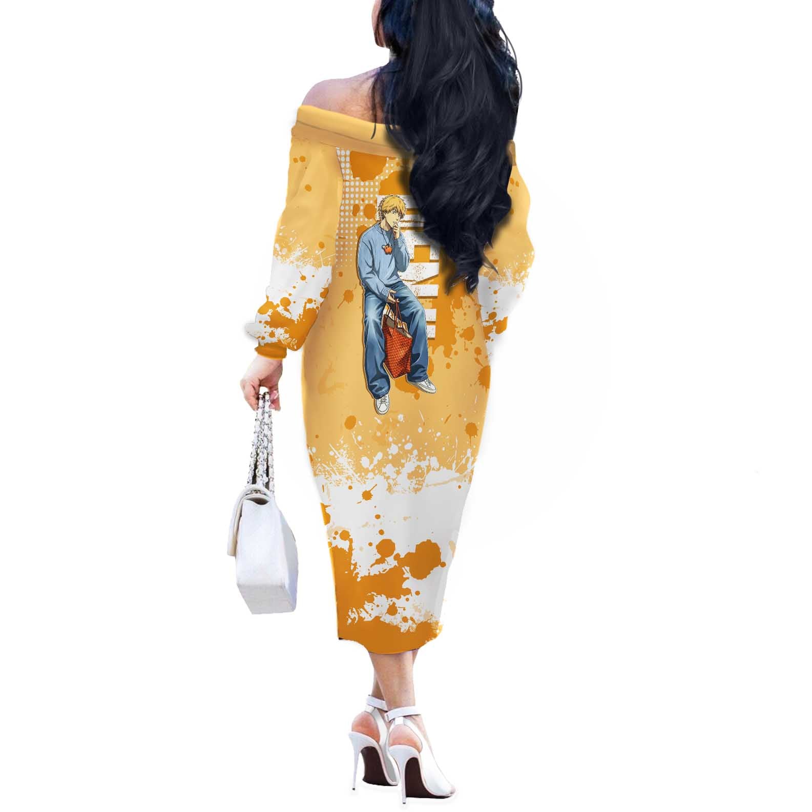 Denji Chainsaw Man Urban Drip Off The Shoulder Long Sleeve Dress Streetwear Anime Vibes in Orange Tones