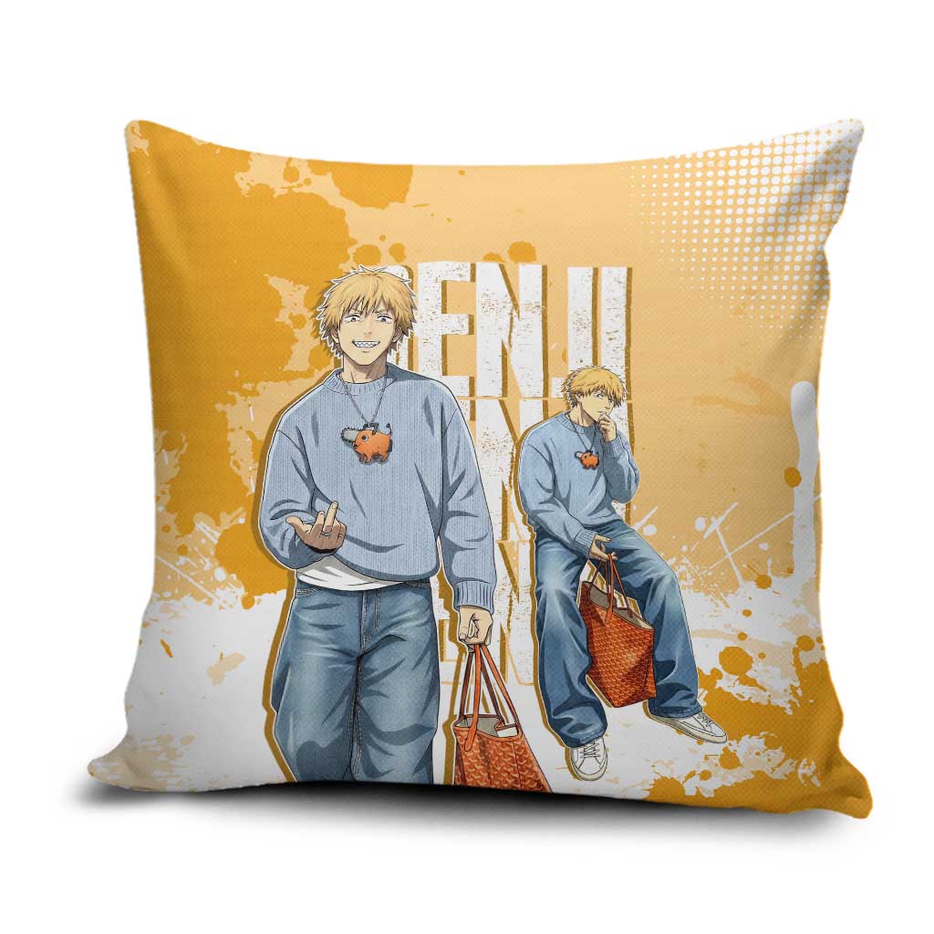 Denji Chainsaw Man Urban Drip Pillow Cover Streetwear Anime Vibes in Orange Tones