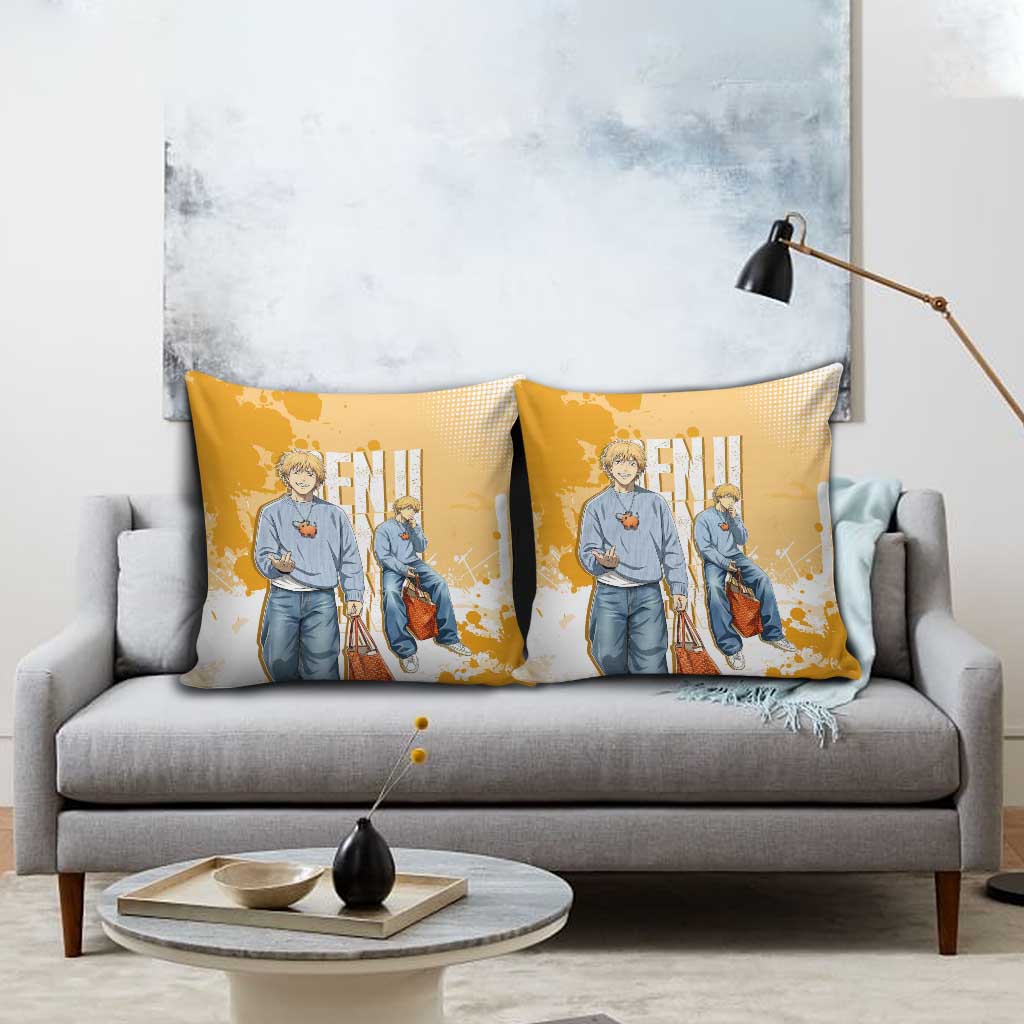 Denji Chainsaw Man Urban Drip Pillow Cover Streetwear Anime Vibes in Orange Tones