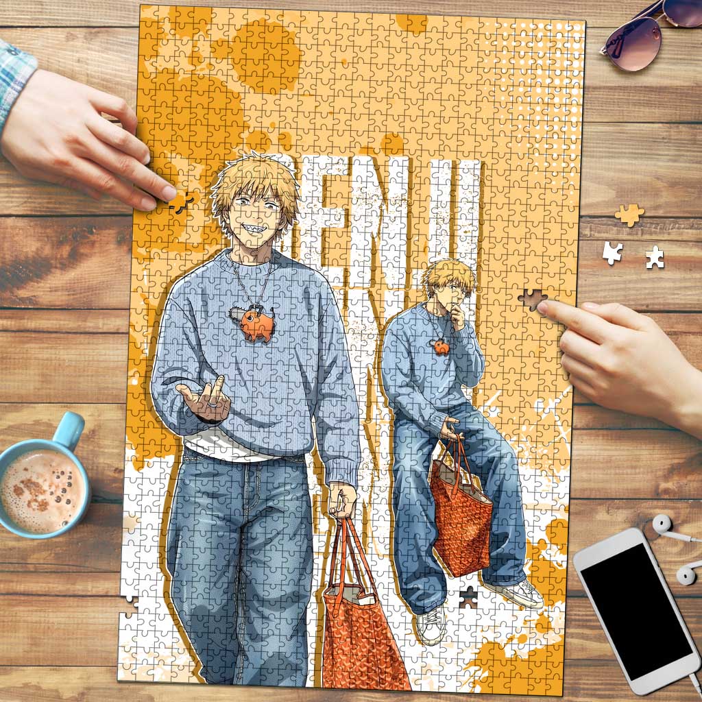 Denji Chainsaw Man Urban Drip Puzzle Streetwear Anime Vibes in Orange Tones