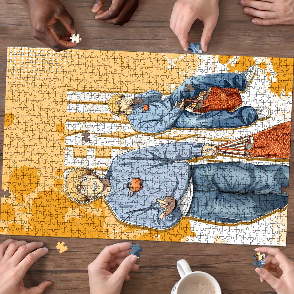 Denji Chainsaw Man Urban Drip Puzzle Streetwear Anime Vibes in Orange Tones