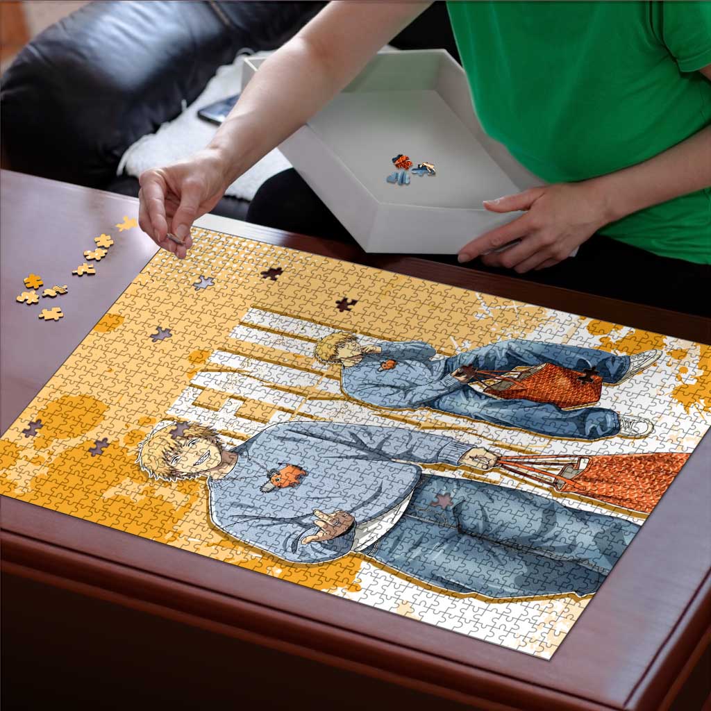 Denji Chainsaw Man Urban Drip Puzzle Streetwear Anime Vibes in Orange Tones