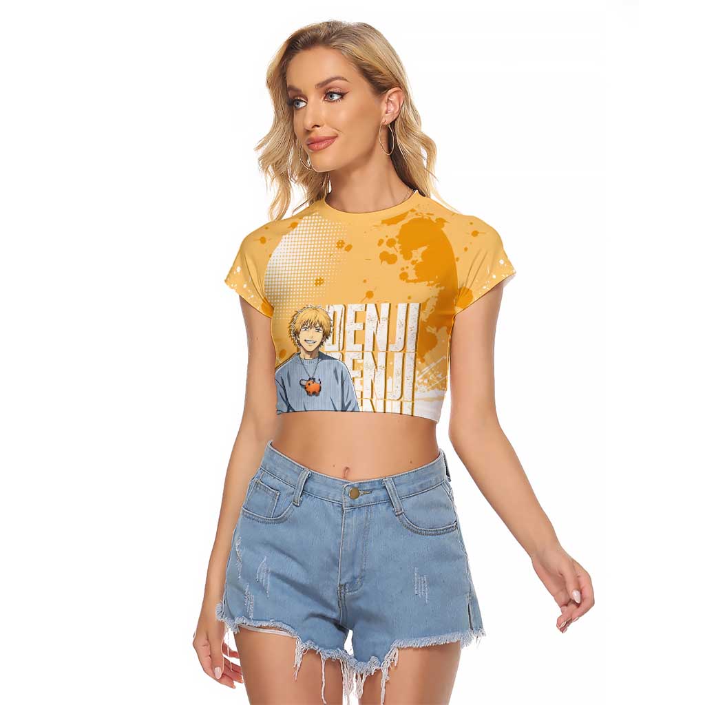 Denji Chainsaw Man Urban Drip Raglan Cropped T Shirt Streetwear Anime Vibes in Orange Tones
