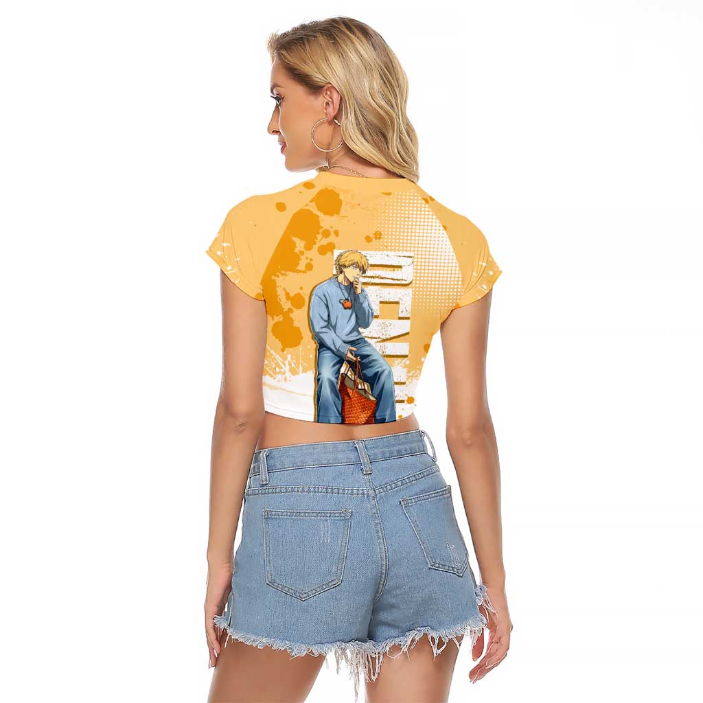 Denji Chainsaw Man Urban Drip Raglan Cropped T Shirt Streetwear Anime Vibes in Orange Tones