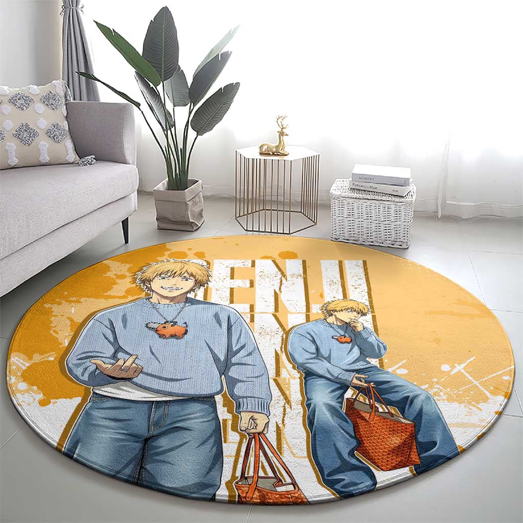 Denji Chainsaw Man Urban Drip Round Carpet Streetwear Anime Vibes in Orange Tones