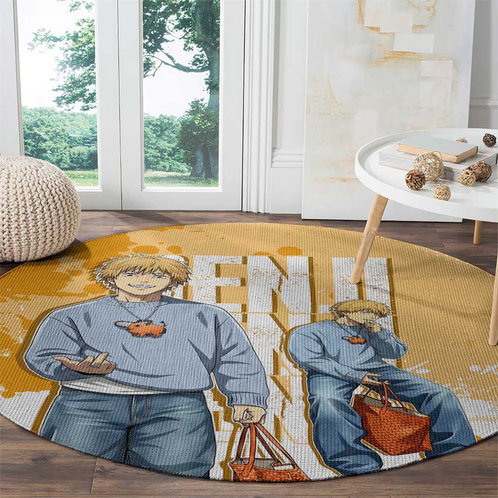 Denji Chainsaw Man Urban Drip Round Carpet Streetwear Anime Vibes in Orange Tones