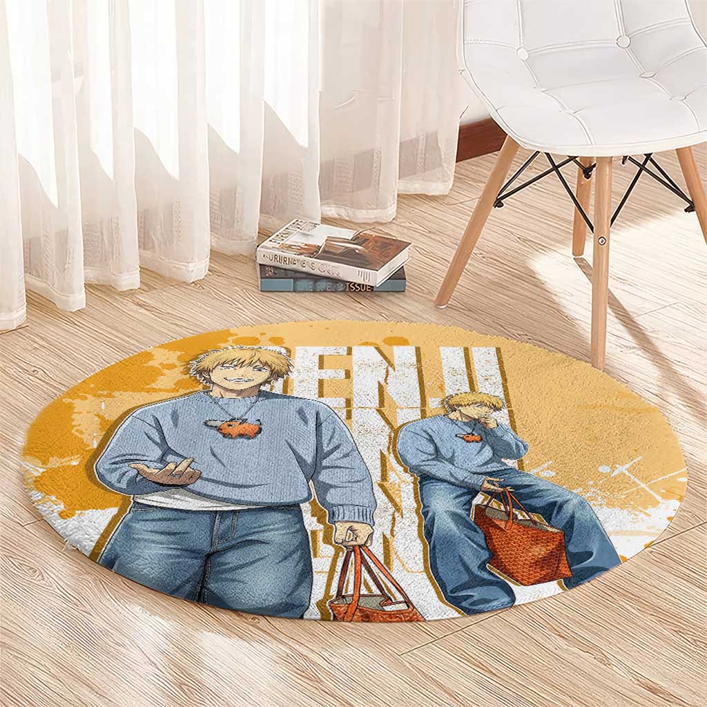 Denji Chainsaw Man Urban Drip Round Carpet Streetwear Anime Vibes in Orange Tones