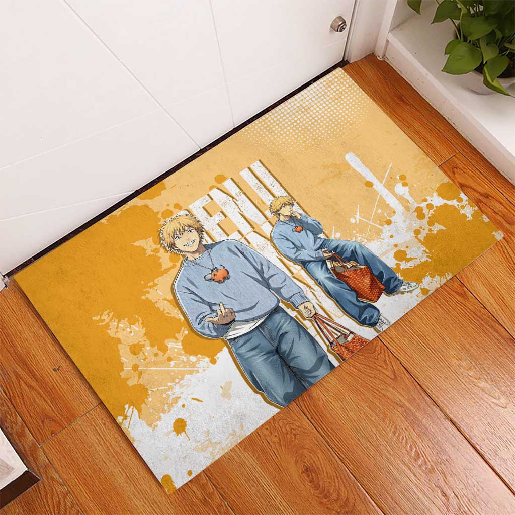 Denji Chainsaw Man Urban Drip Rubber Doormat Streetwear Anime Vibes in Orange Tones