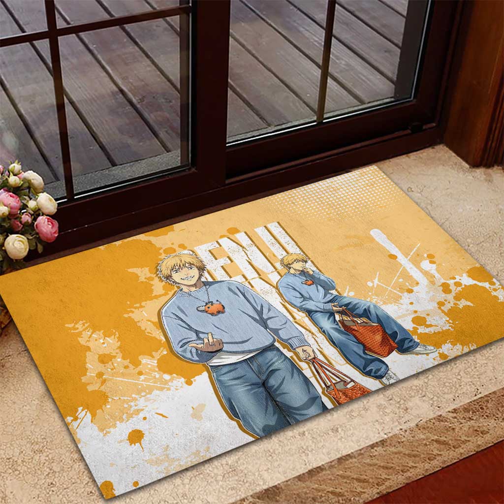 Denji Chainsaw Man Urban Drip Rubber Doormat Streetwear Anime Vibes in Orange Tones