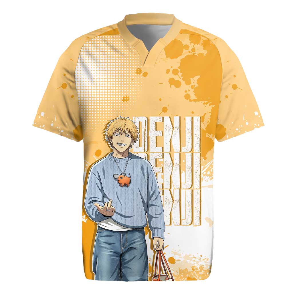 Denji Chainsaw Man Urban Drip Rugby Jersey Streetwear Anime Vibes in Orange Tones