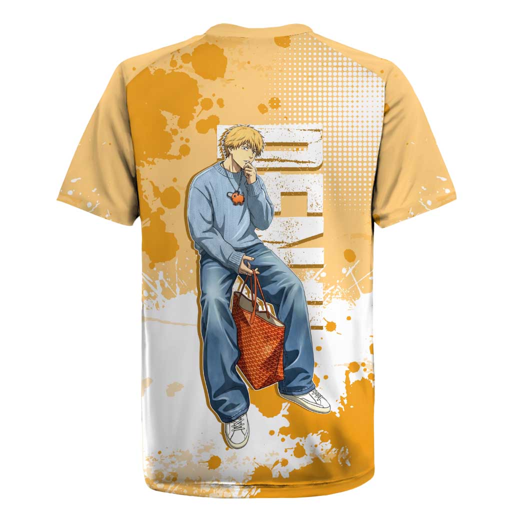 Denji Chainsaw Man Urban Drip Rugby Jersey Streetwear Anime Vibes in Orange Tones