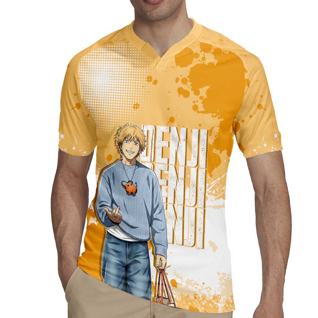Denji Chainsaw Man Urban Drip Rugby Jersey Streetwear Anime Vibes in Orange Tones