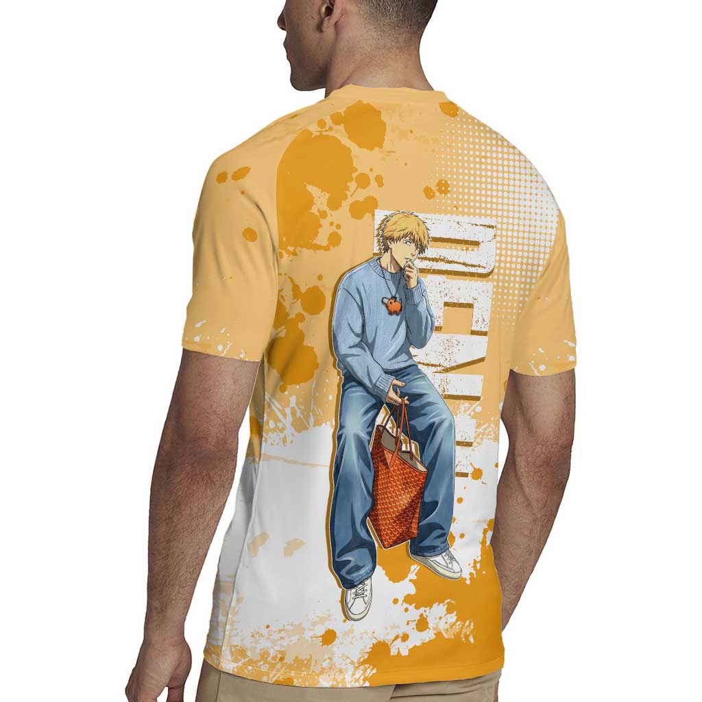 Denji Chainsaw Man Urban Drip Rugby Jersey Streetwear Anime Vibes in Orange Tones