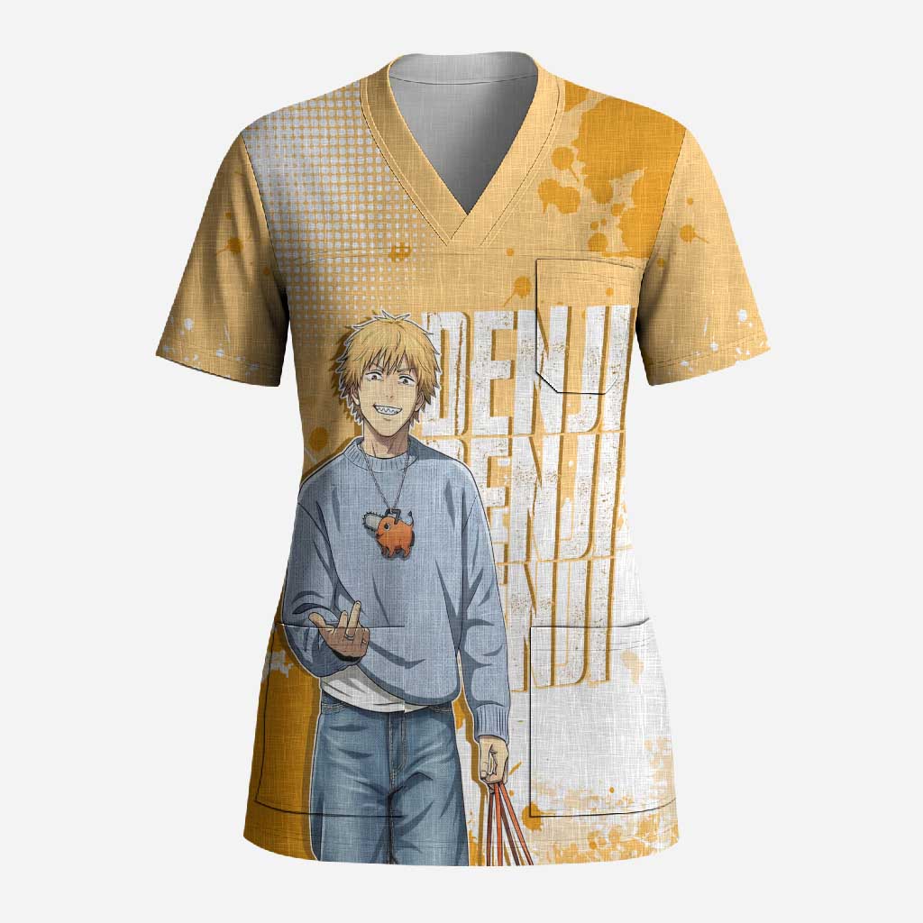 Denji Chainsaw Man Urban Drip Scrub Top Streetwear Anime Vibes in Orange Tones