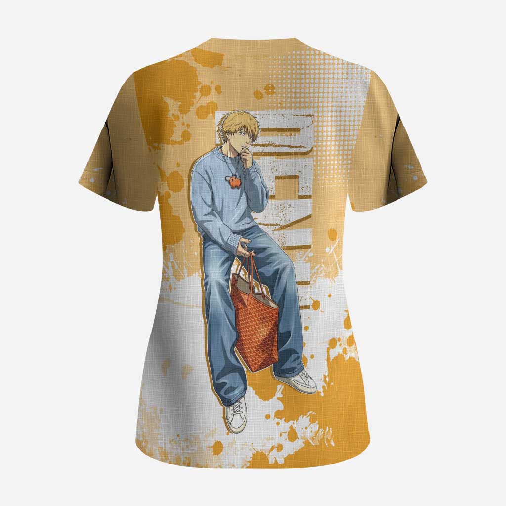 Denji Chainsaw Man Urban Drip Scrub Top Streetwear Anime Vibes in Orange Tones