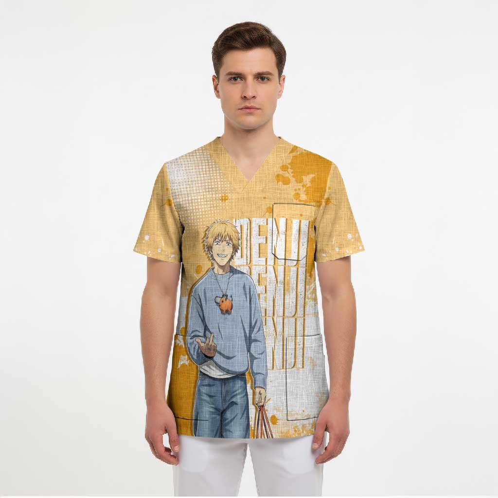 Denji Chainsaw Man Urban Drip Scrub Top Streetwear Anime Vibes in Orange Tones