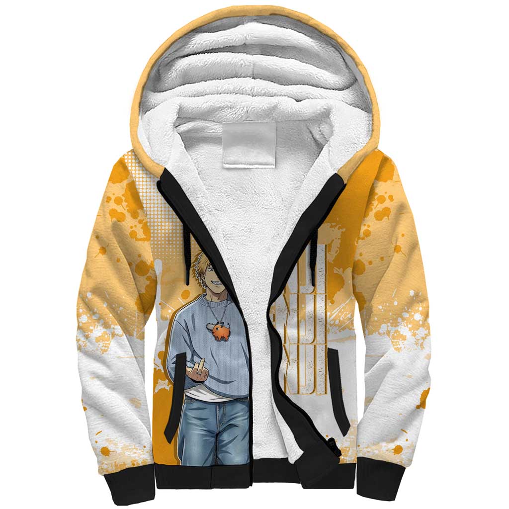 Denji Chainsaw Man Urban Drip Sherpa Hoodie Streetwear Anime Vibes in Orange Tones