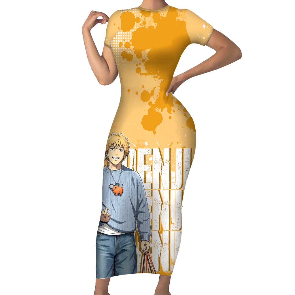 Denji Chainsaw Man Urban Drip Short Sleeve Bodycon Dress Streetwear Anime Vibes in Orange Tones