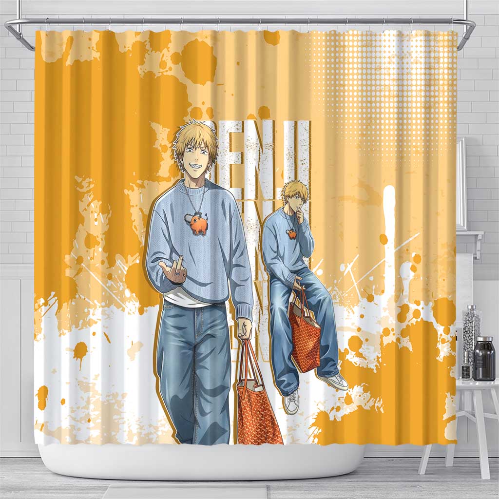 Denji Chainsaw Man Urban Drip Shower Curtain Streetwear Anime Vibes in Orange Tones