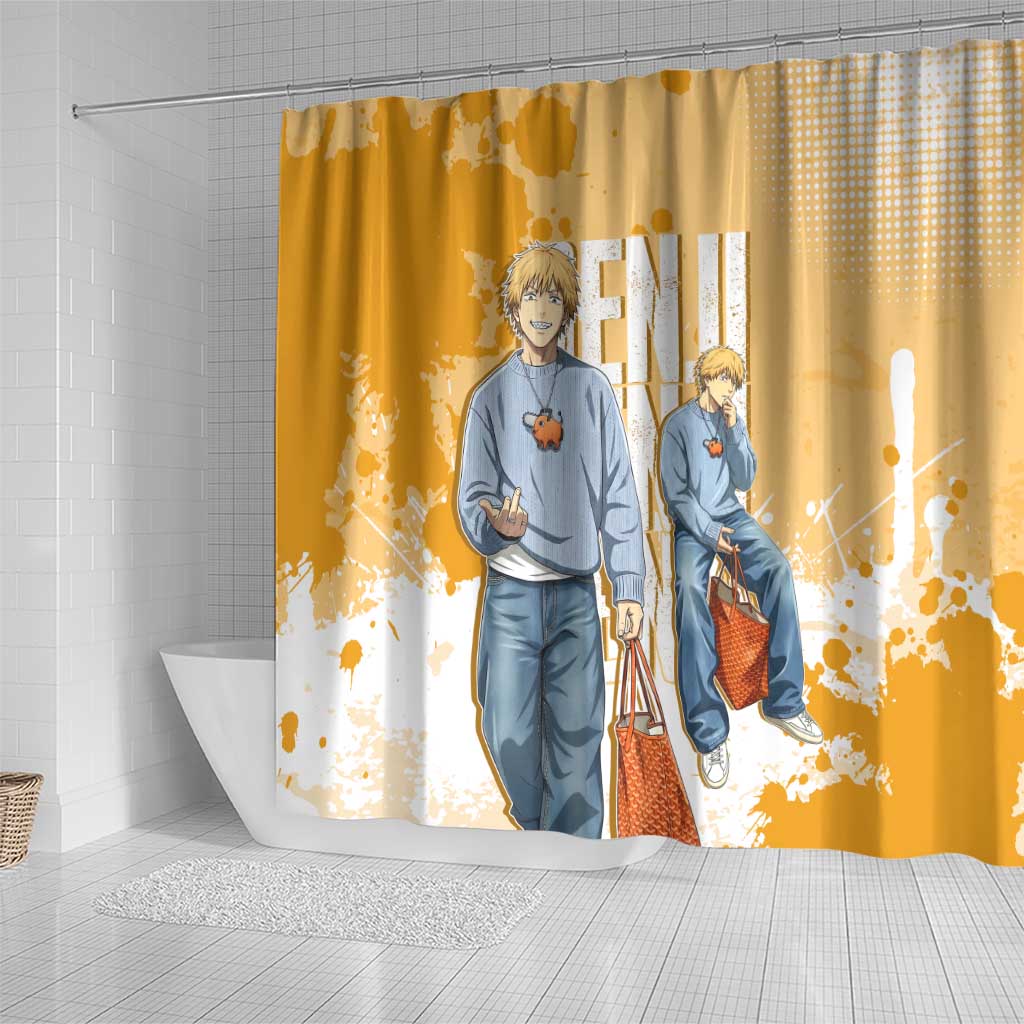 Denji Chainsaw Man Urban Drip Shower Curtain Streetwear Anime Vibes in Orange Tones