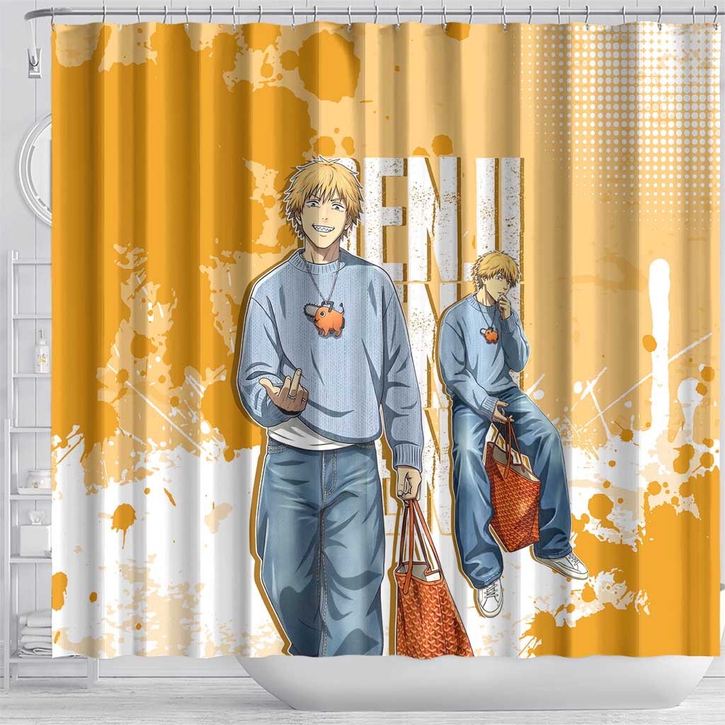 Denji Chainsaw Man Urban Drip Shower Curtain Streetwear Anime Vibes in Orange Tones