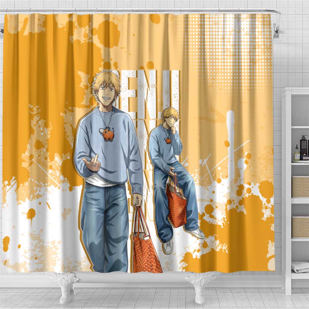 Denji Chainsaw Man Urban Drip Shower Curtain Streetwear Anime Vibes in Orange Tones
