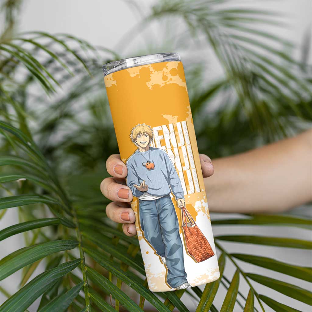 Denji Chainsaw Man Urban Drip Skinny Tumbler Streetwear Anime Vibes in Orange Tones