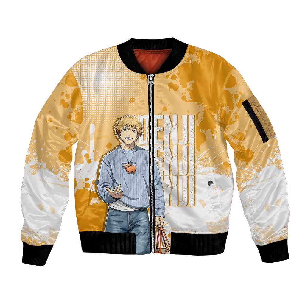 Denji Chainsaw Man Urban Drip Sleeve Zip Bomber Jacket Streetwear Anime Vibes in Orange Tones