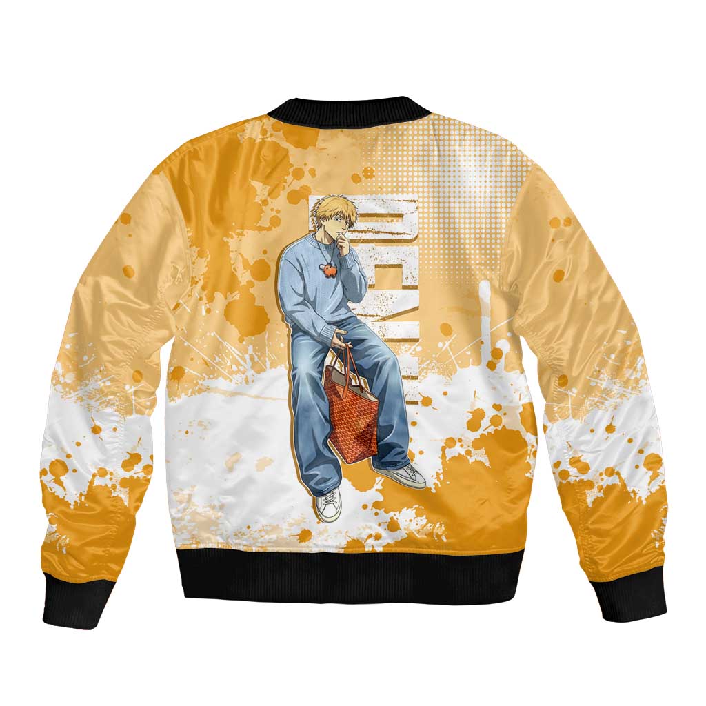 Denji Chainsaw Man Urban Drip Sleeve Zip Bomber Jacket Streetwear Anime Vibes in Orange Tones