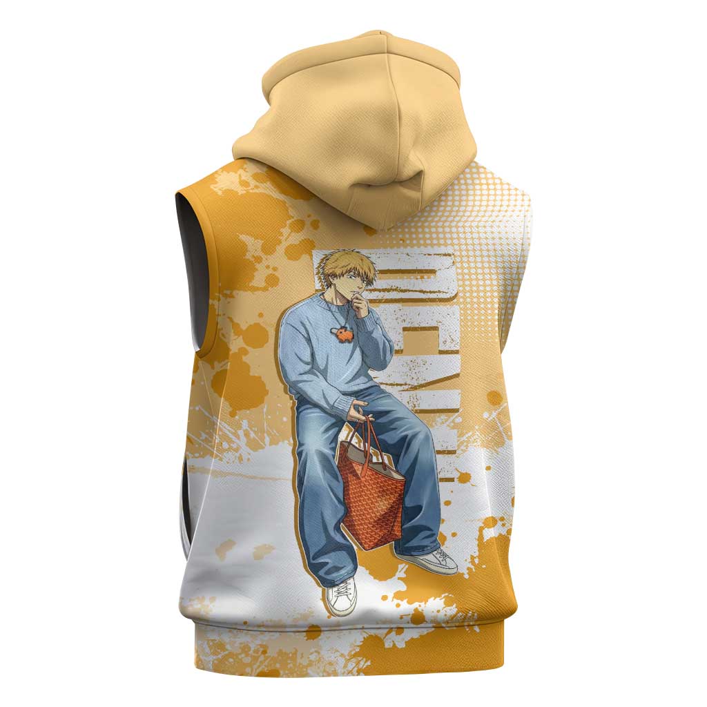 Denji Chainsaw Man Urban Drip Sleeveless Hoodie Streetwear Anime Vibes in Orange Tones