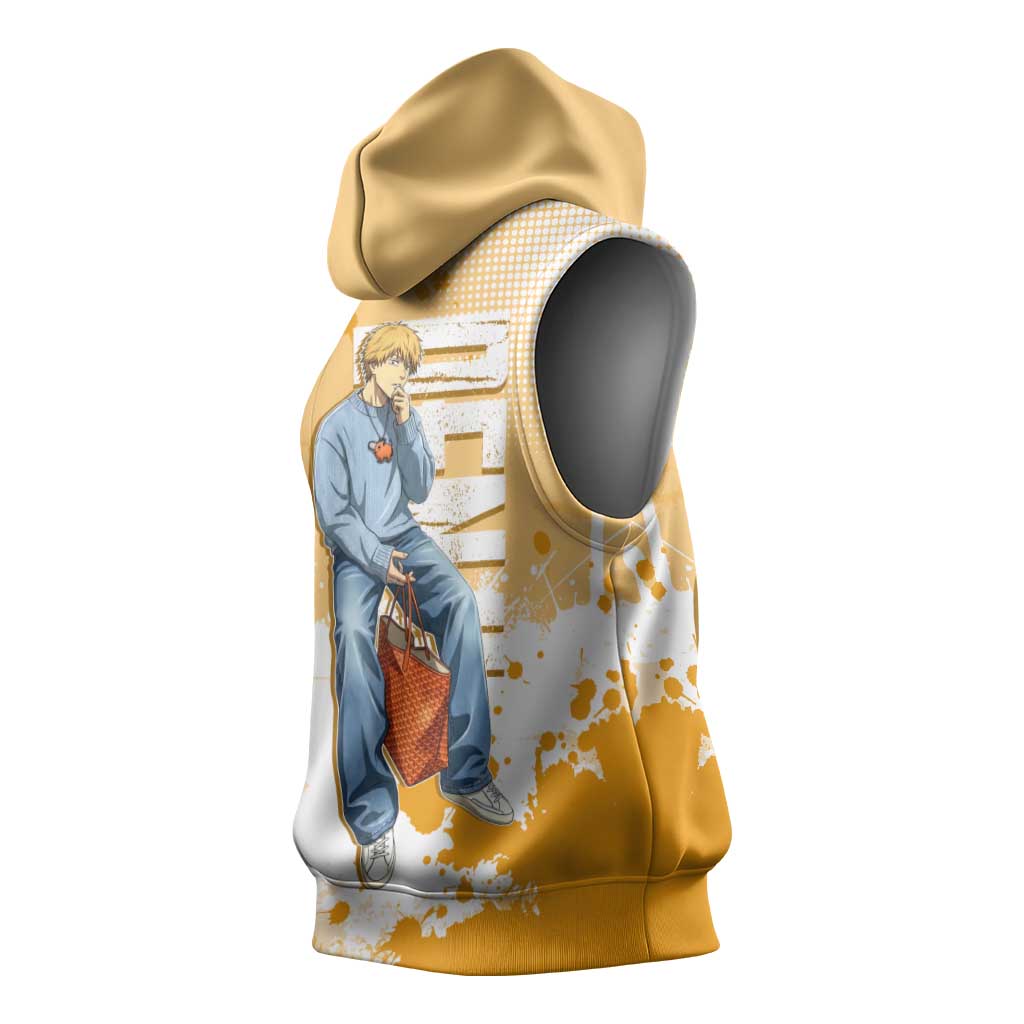 Denji Chainsaw Man Urban Drip Sleeveless Hoodie Streetwear Anime Vibes in Orange Tones