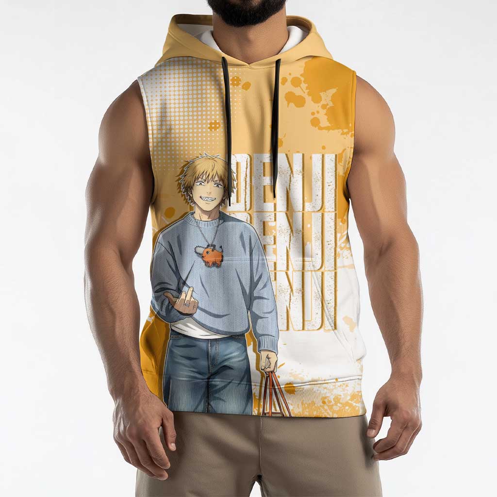 Denji Chainsaw Man Urban Drip Sleeveless Hoodie Streetwear Anime Vibes in Orange Tones