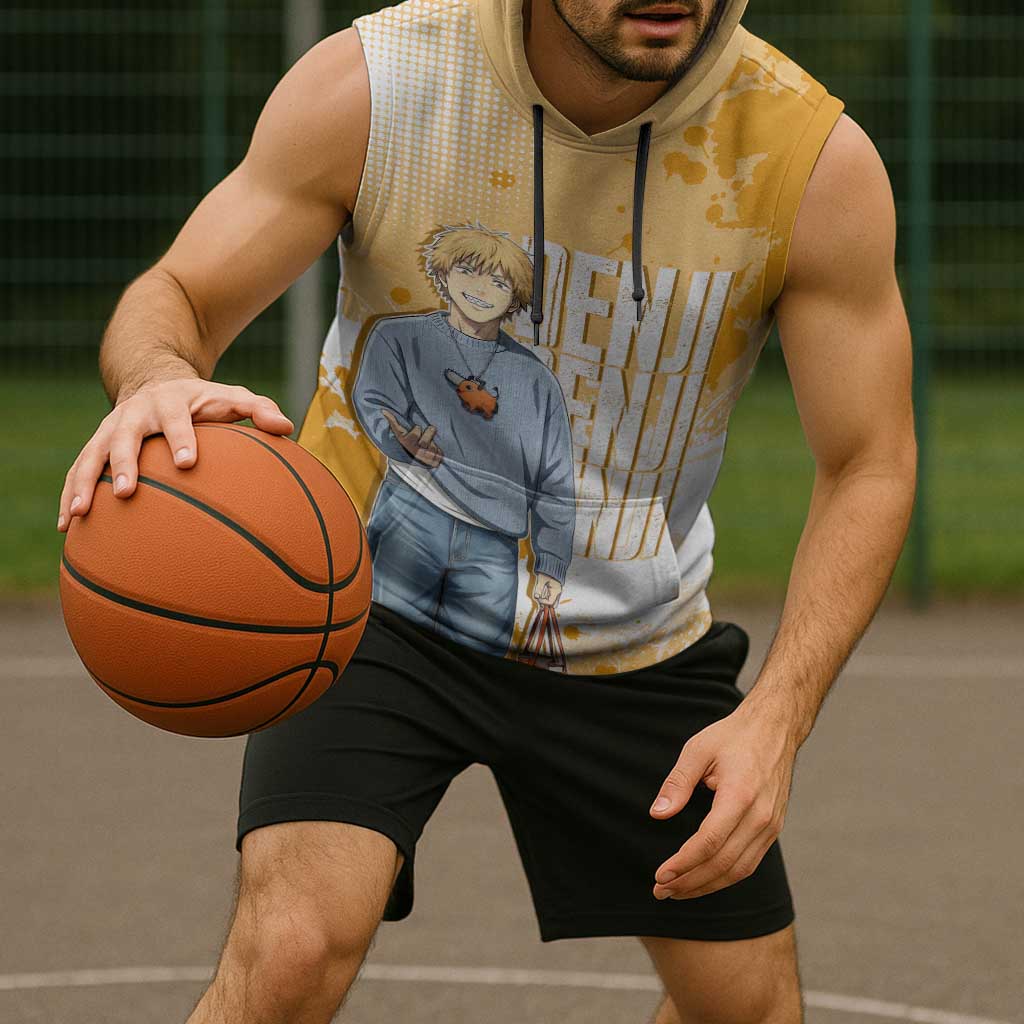 Denji Chainsaw Man Urban Drip Sleeveless Hoodie Streetwear Anime Vibes in Orange Tones