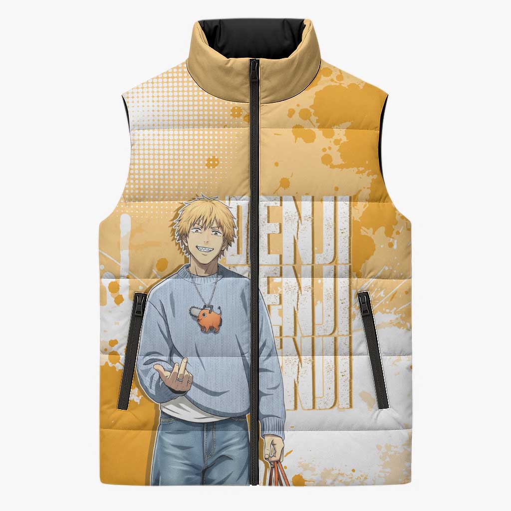 Denji Chainsaw Man Urban Drip Sleeveless Puffer Jacket Streetwear Anime Vibes in Orange Tones