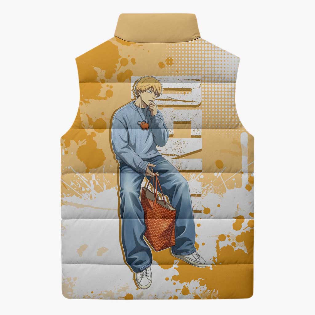Denji Chainsaw Man Urban Drip Sleeveless Puffer Jacket Streetwear Anime Vibes in Orange Tones