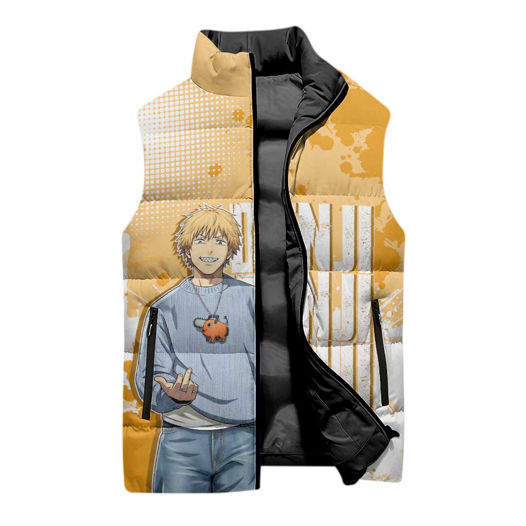 Denji Chainsaw Man Urban Drip Sleeveless Puffer Jacket Streetwear Anime Vibes in Orange Tones