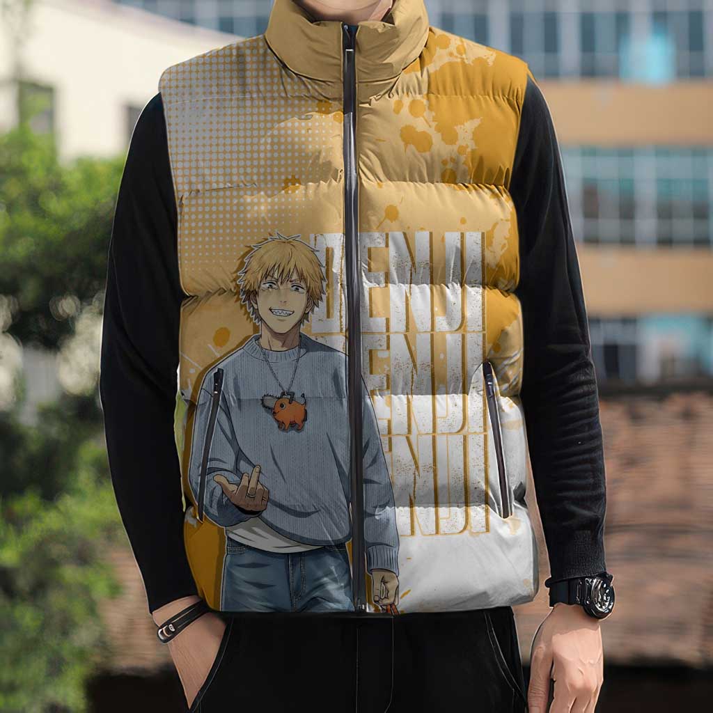 Denji Chainsaw Man Urban Drip Sleeveless Puffer Jacket Streetwear Anime Vibes in Orange Tones