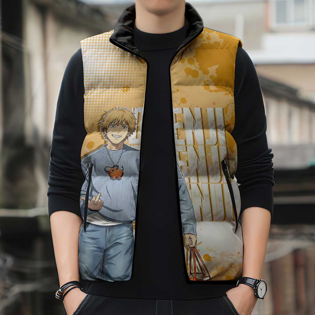 Denji Chainsaw Man Urban Drip Sleeveless Puffer Jacket Streetwear Anime Vibes in Orange Tones
