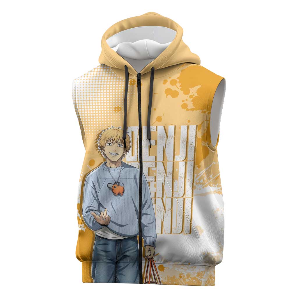 Denji Chainsaw Man Urban Drip Sleeveless Zip Hoodie Streetwear Anime Vibes in Orange Tones