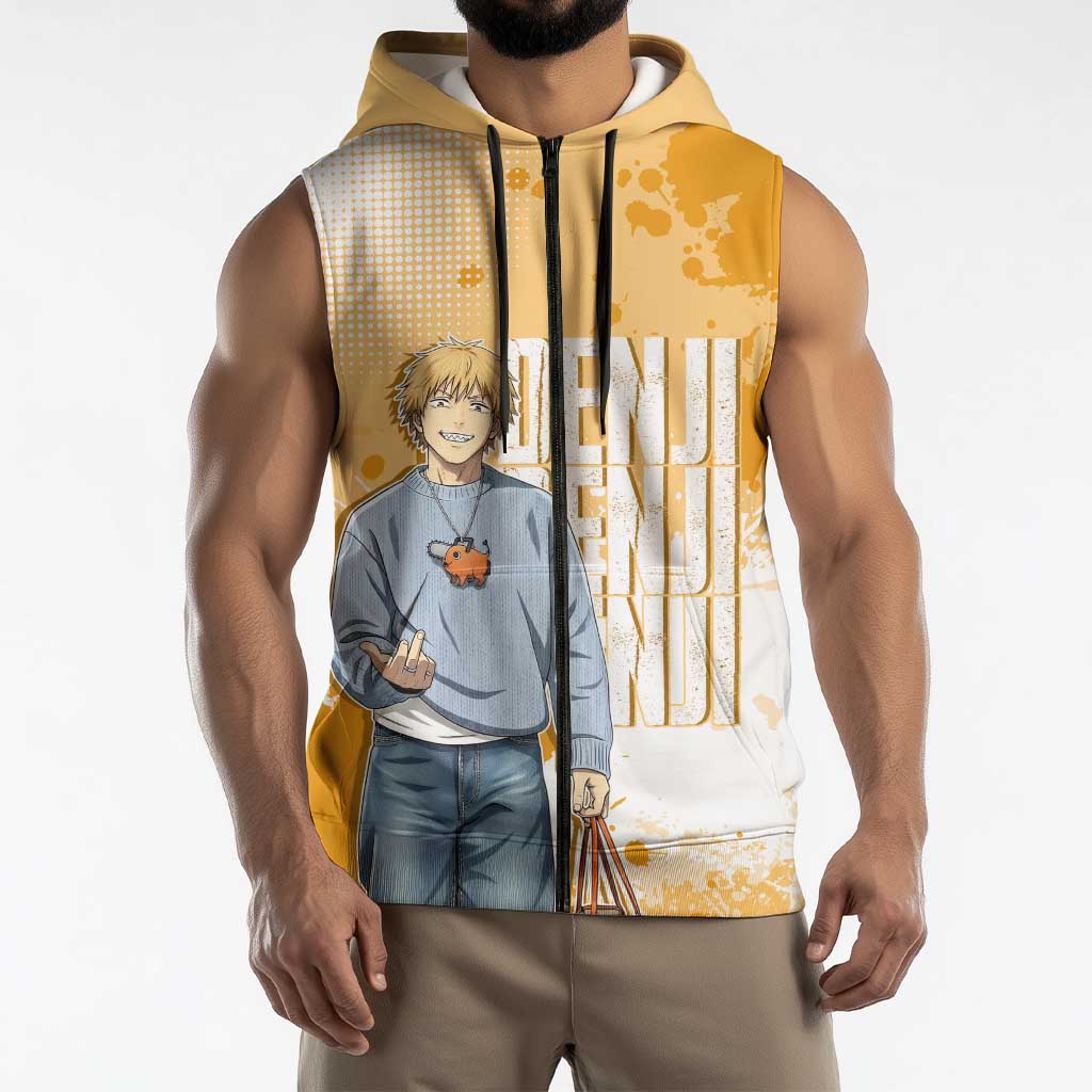 Denji Chainsaw Man Urban Drip Sleeveless Zip Hoodie Streetwear Anime Vibes in Orange Tones