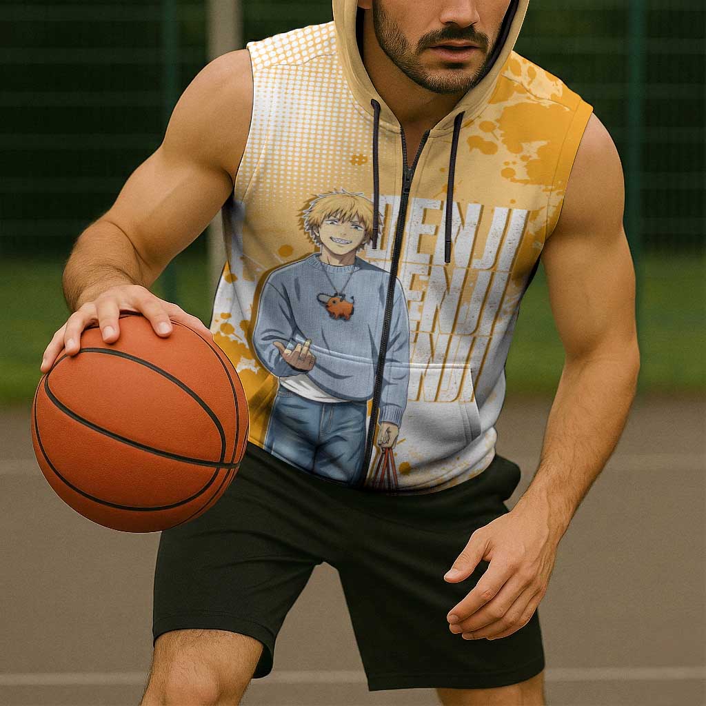 Denji Chainsaw Man Urban Drip Sleeveless Zip Hoodie Streetwear Anime Vibes in Orange Tones