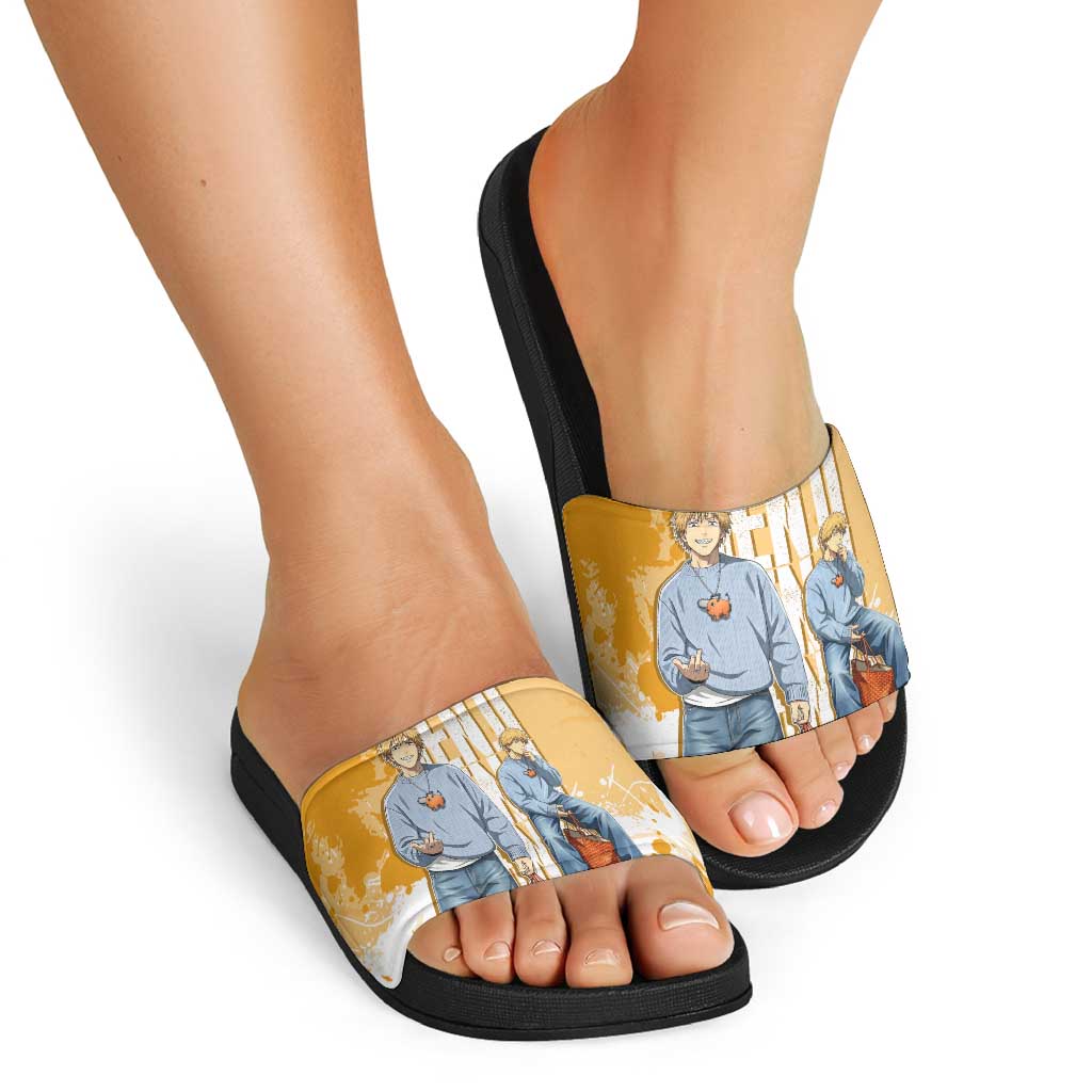 Denji Chainsaw Man Urban Drip Slide Sandals Streetwear Anime Vibes in Orange Tones