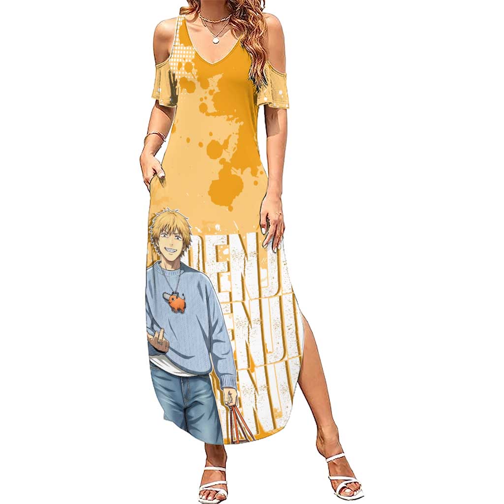 Denji Chainsaw Man Urban Drip Summer Maxi Dress Streetwear Anime Vibes in Orange Tones