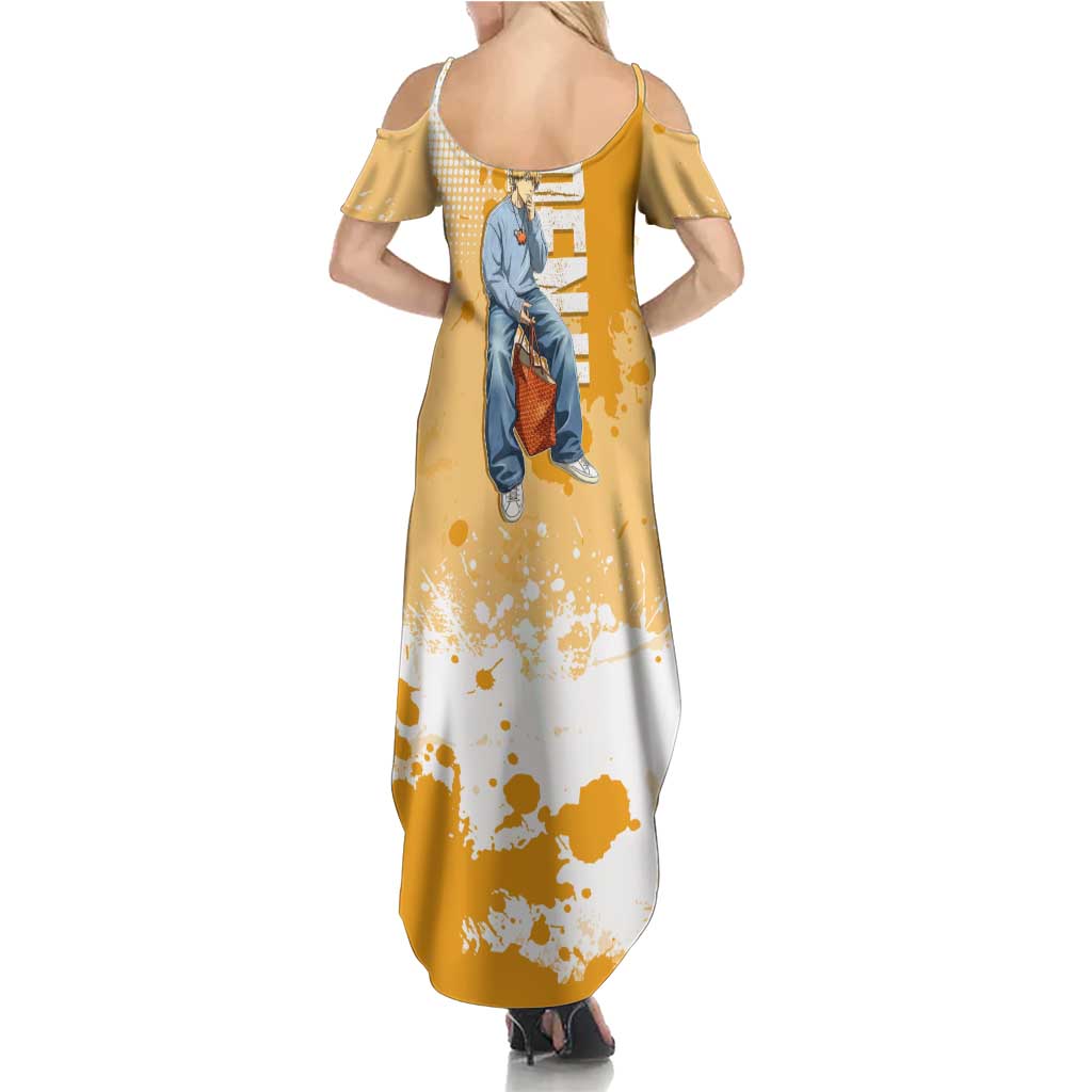 Denji Chainsaw Man Urban Drip Summer Maxi Dress Streetwear Anime Vibes in Orange Tones