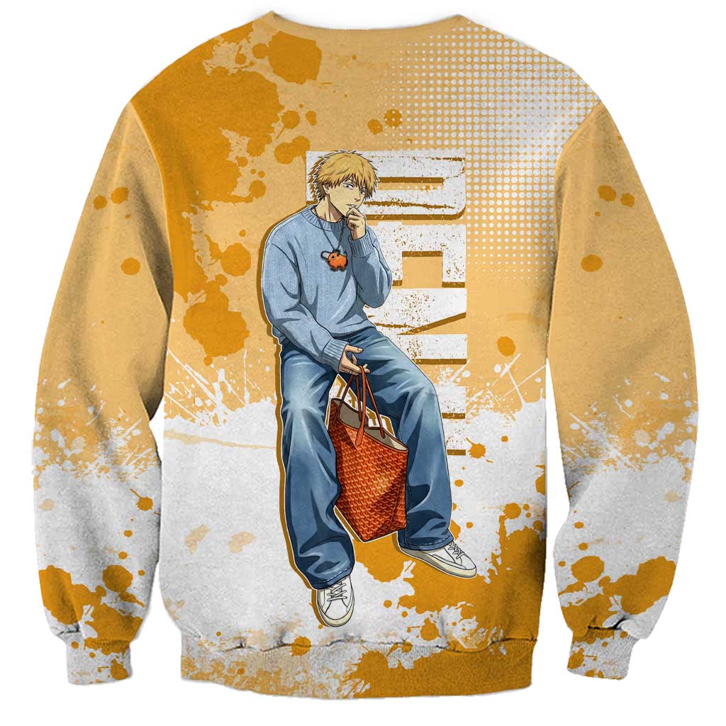 Denji Chainsaw Man Urban Drip Sweatshirt Streetwear Anime Vibes in Orange Tones