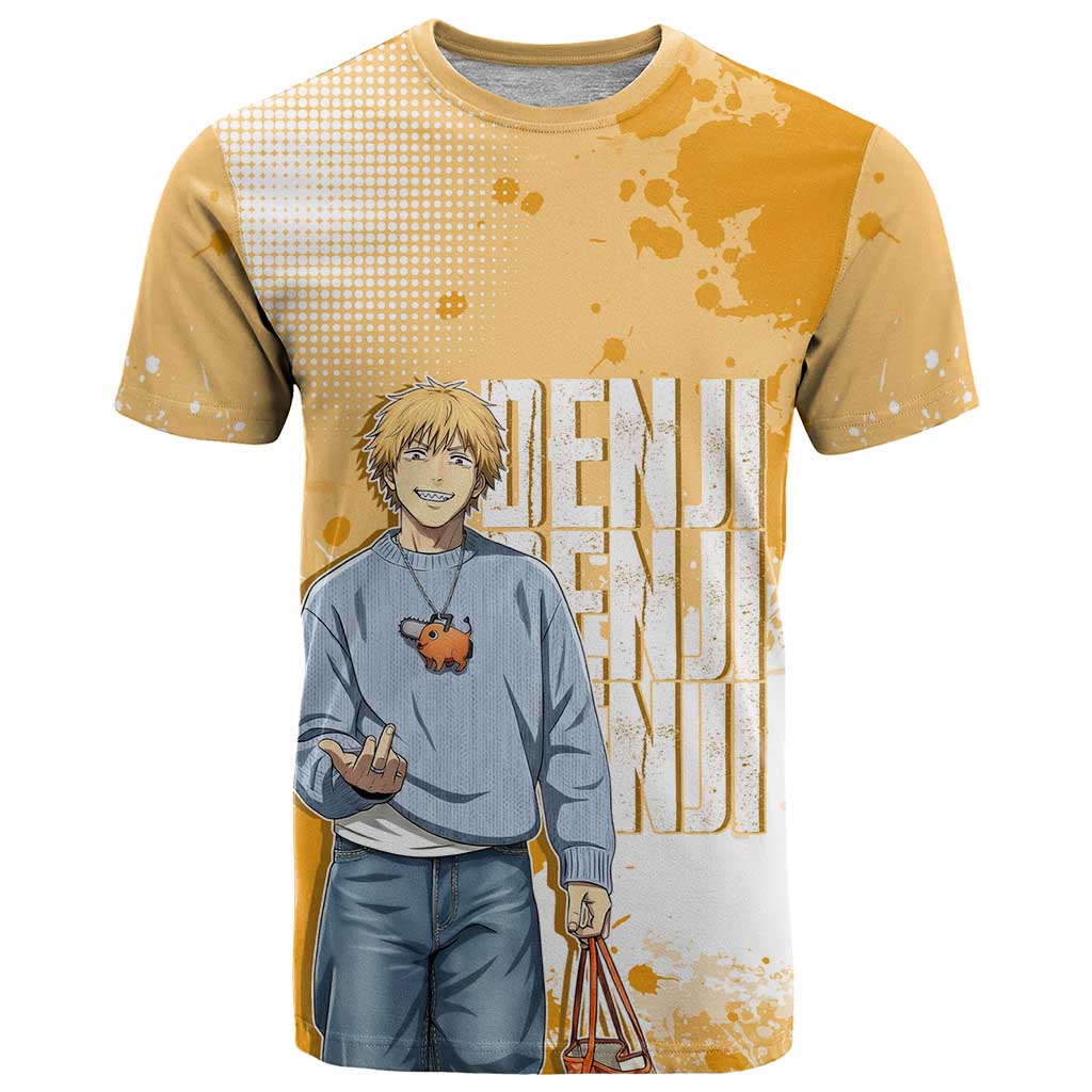 Denji Chainsaw Man Urban Drip T Shirt Streetwear Anime Vibes in Orange Tones