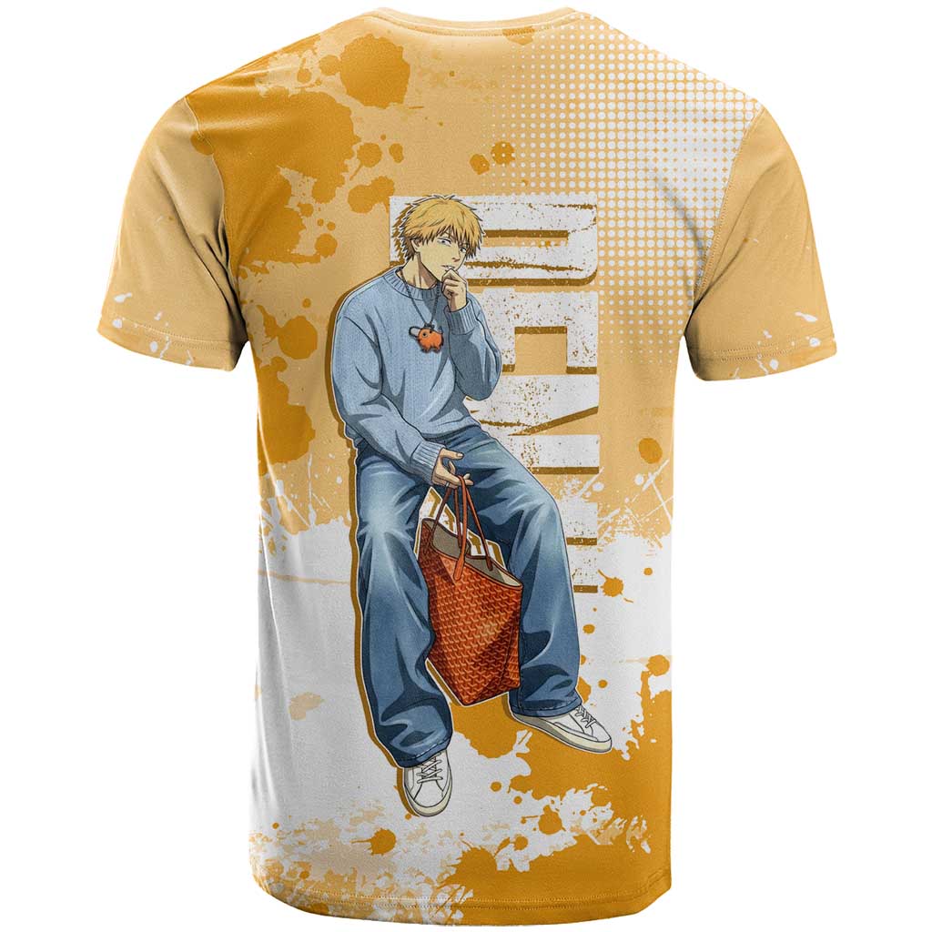 Denji Chainsaw Man Urban Drip T Shirt Streetwear Anime Vibes in Orange Tones