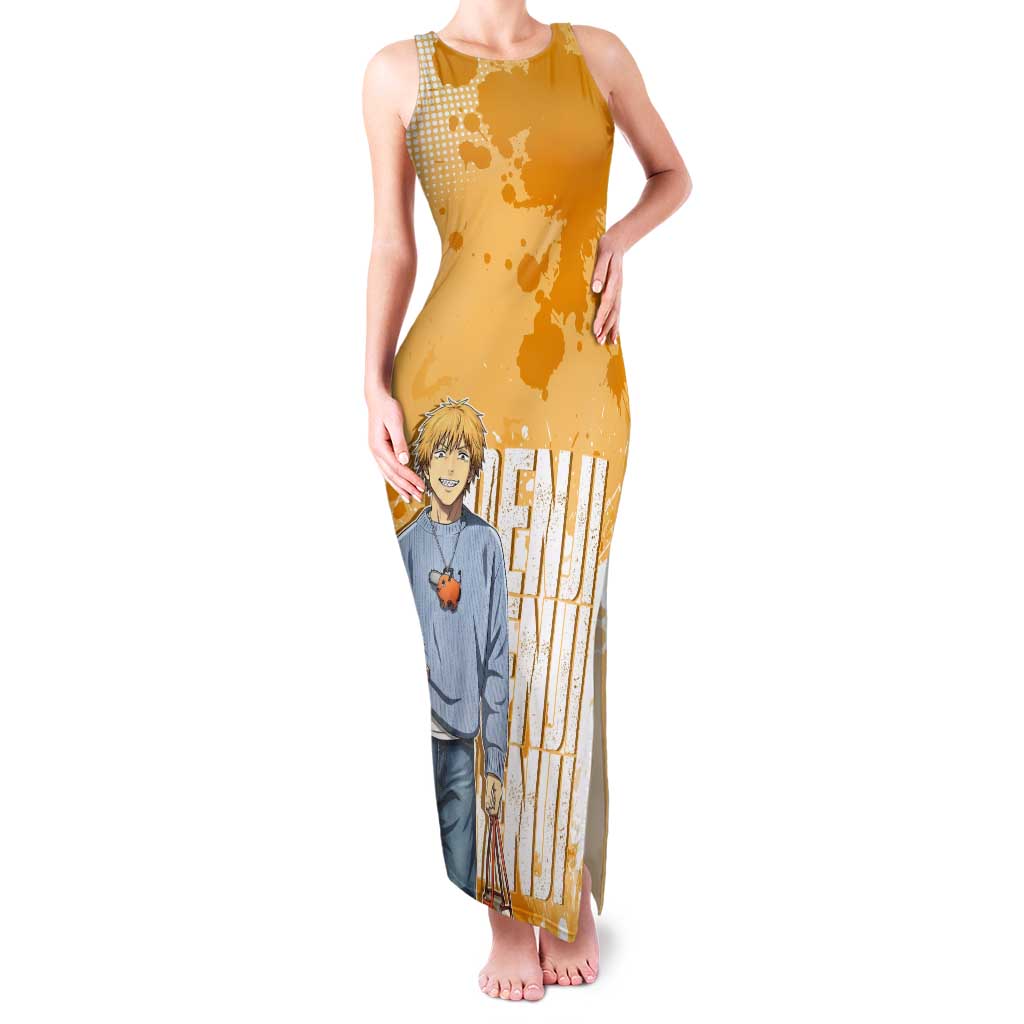 Denji Chainsaw Man Urban Drip Tank Maxi Dress Streetwear Anime Vibes in Orange Tones